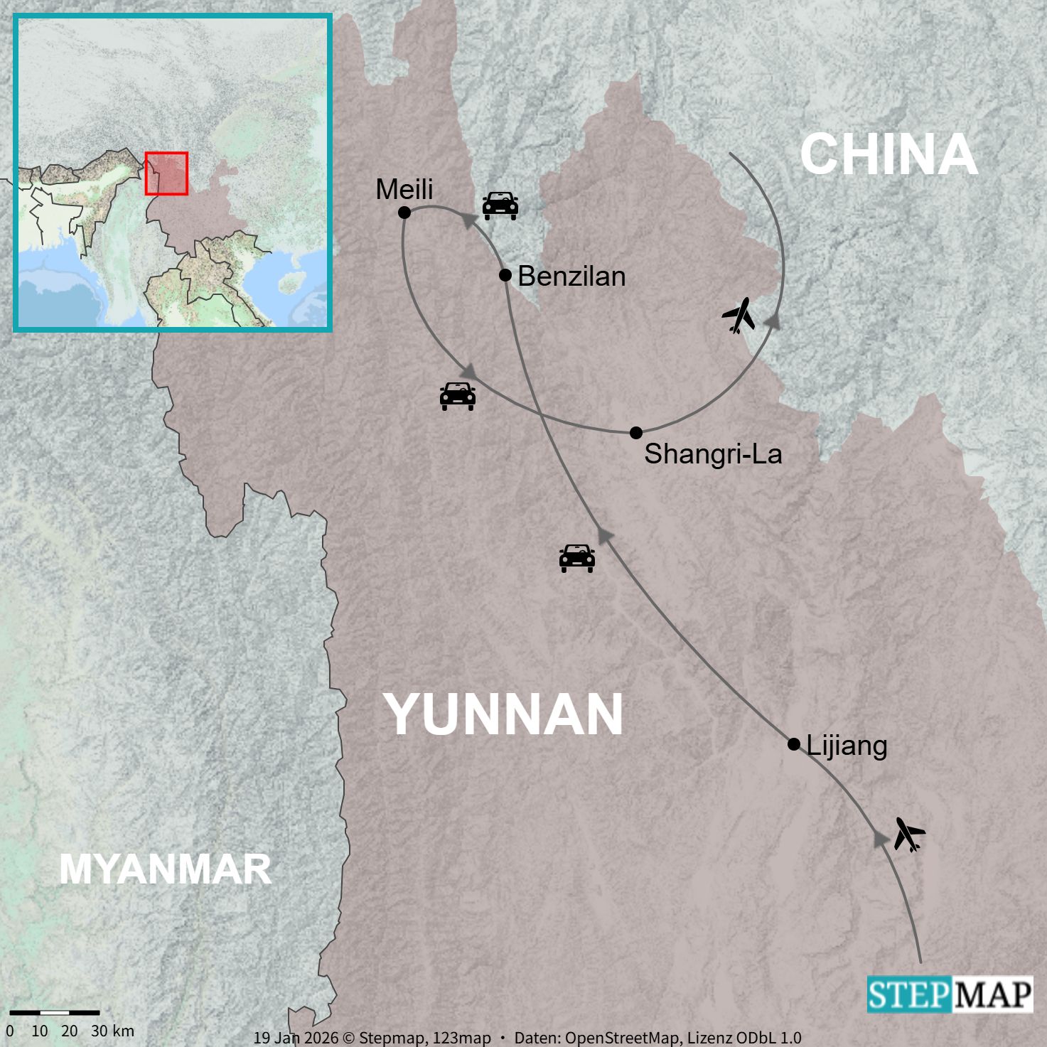 Route map of Lijiang, Benzilan, Meili and Shangri-La in northern Yunnan