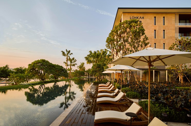 Poolside at Lohkah Hotel & Spa at dusk