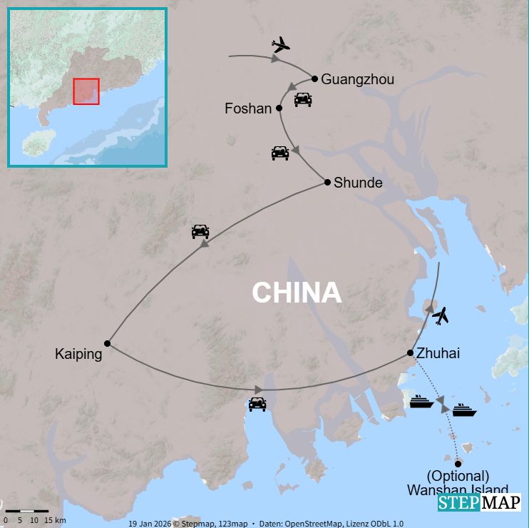 Route map showing Guangzhou, Foshan, Shunde, Kaiping, Zhuhai and optional Wanshan Island