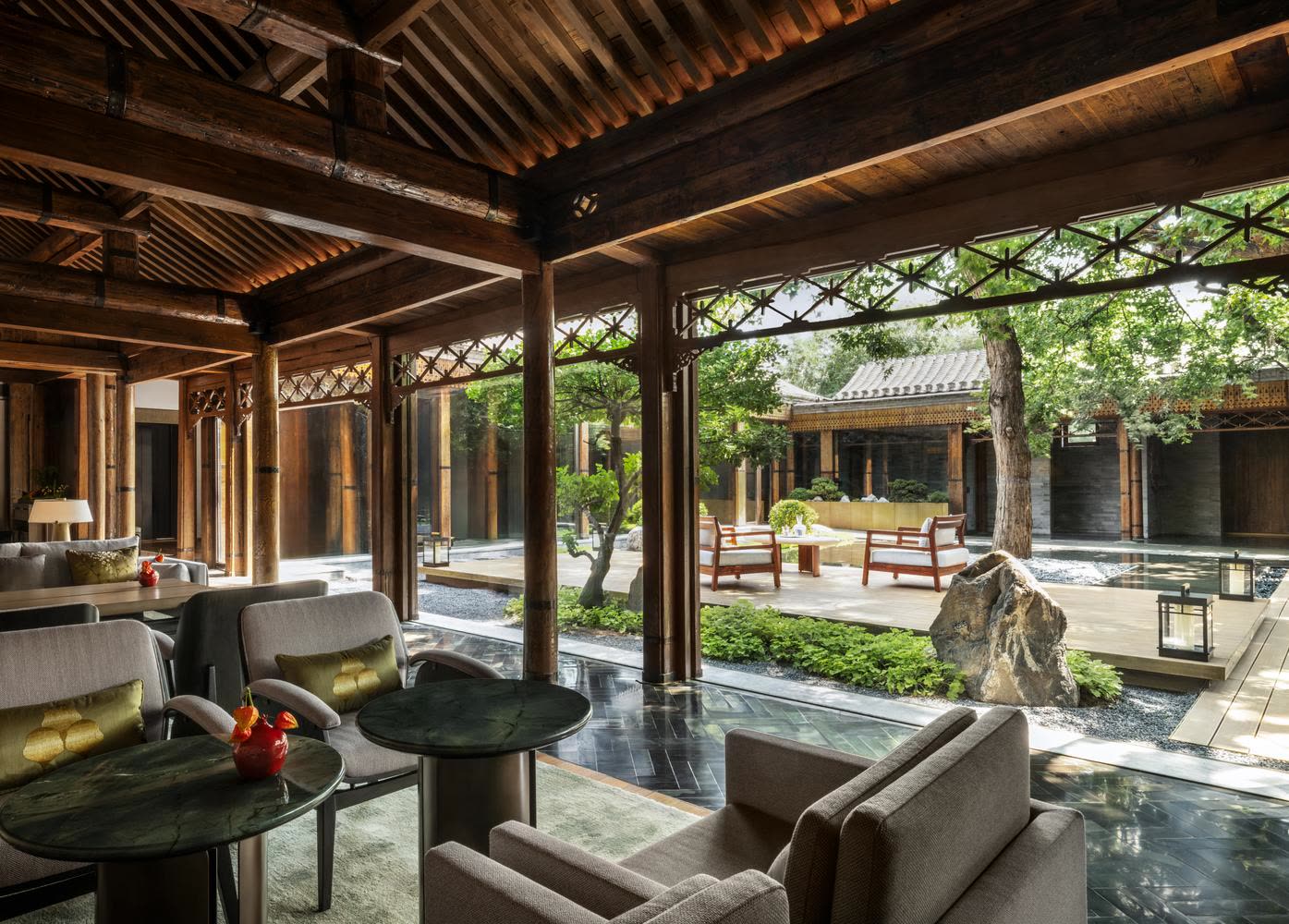 Maple Lounge opening onto the courtyard at Mandarin Oriental Qianmen, Beijing