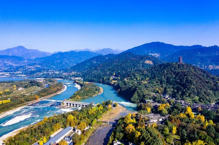 Aerial view of the Dujiangyan Irrigation System and river