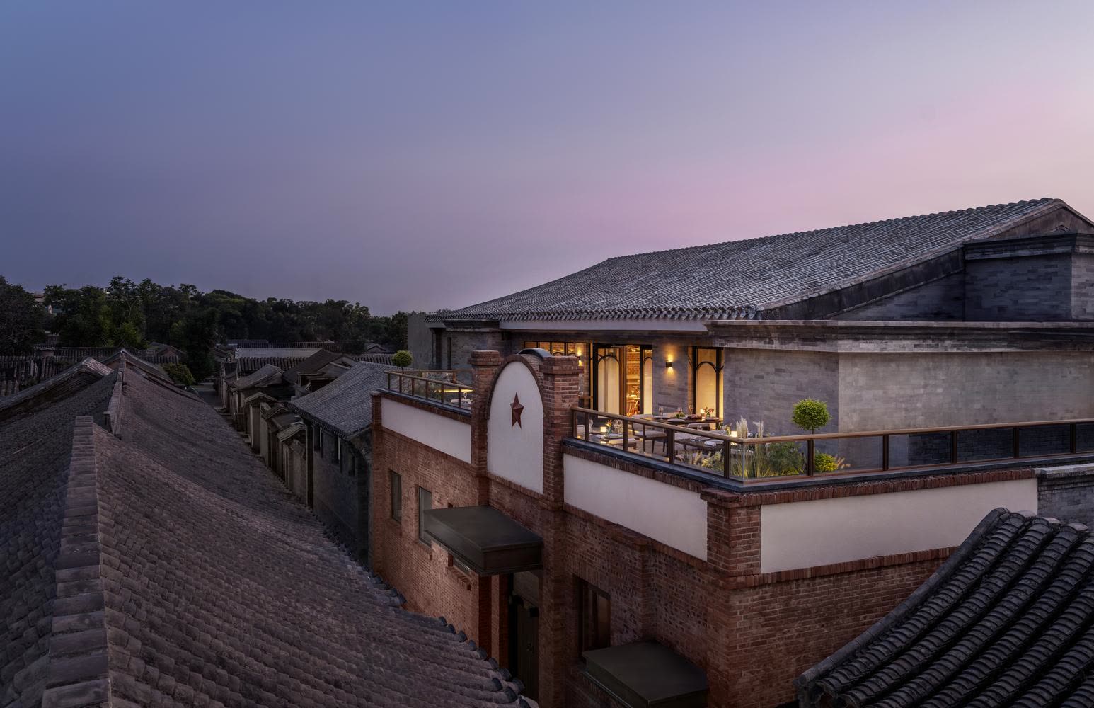 VICINI restaurant terrace above the hutong rooftops at Mandarin Oriental Qianmen, Beijing