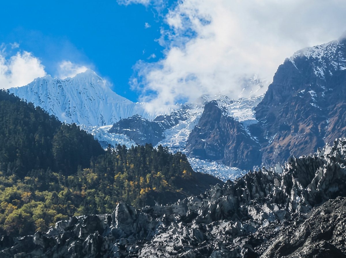 Mingyong Glacier beneath snow-capped peaks near Meili