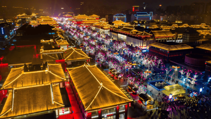 Aerial view of Tang Paradise illuminated at night, Xi'an