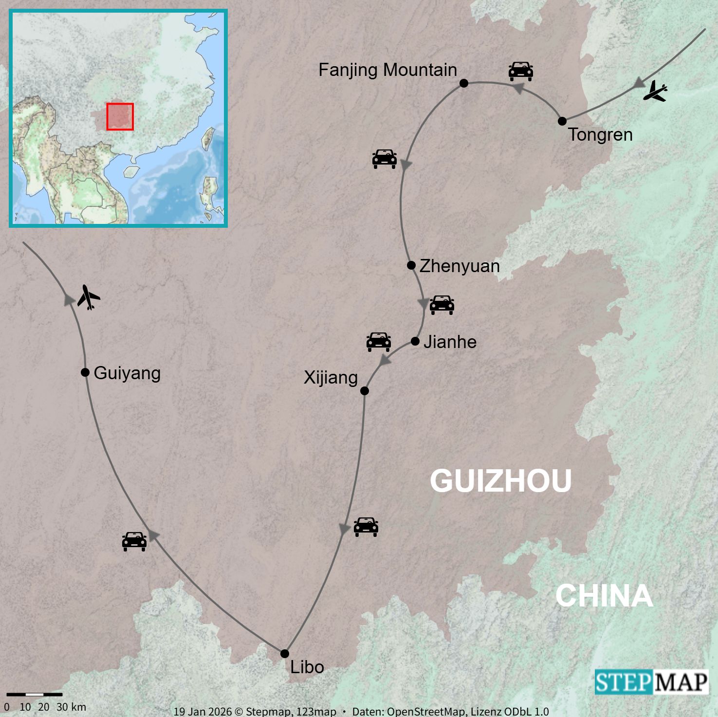 Route map of the eastern Guizhou journey from Tongren to Guiyang