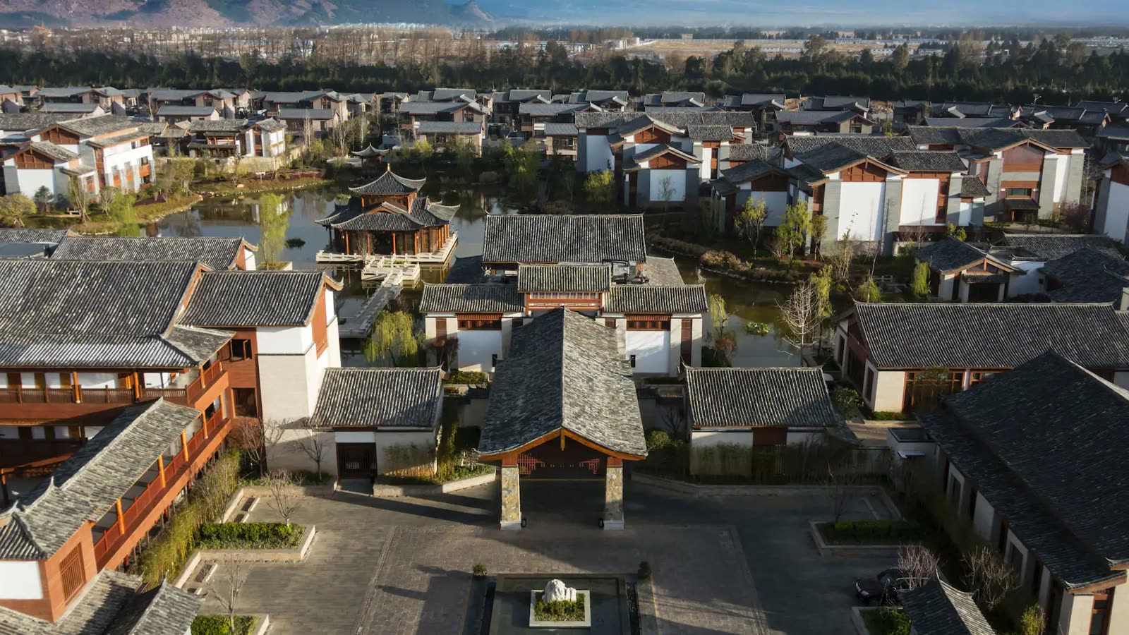 Aerial view of the Naxi-style courtyards at Jinmao Hotel Lijiang