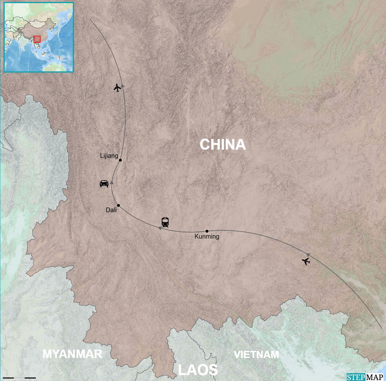 Route map of Yunnan showing Kunming, Dali and Lijiang