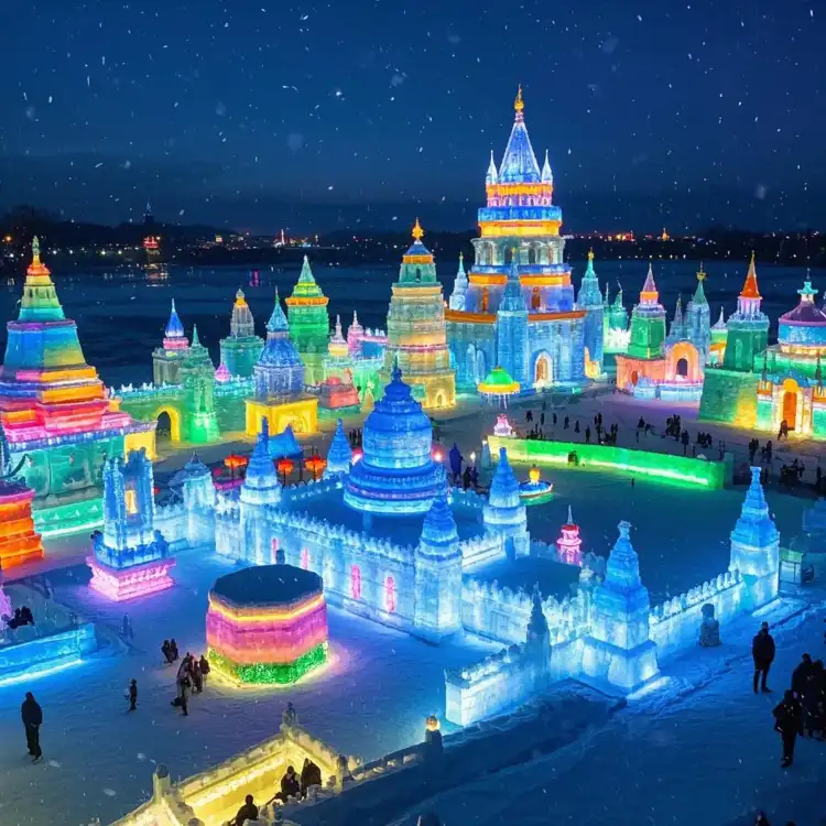 Illuminated ice palaces at Harbin Ice-Snow World at night