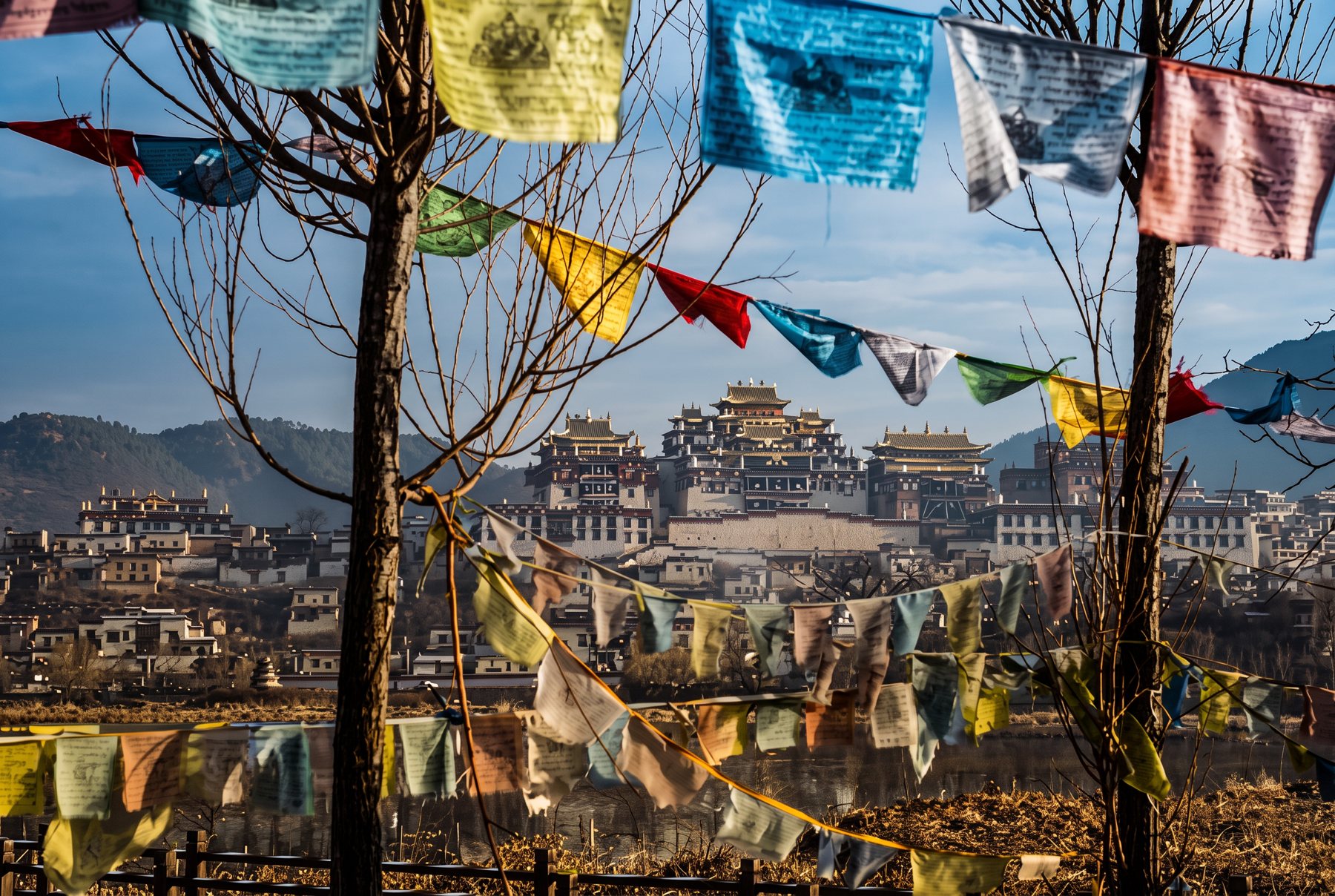 Prayer flags framing Songzanlin Monastery near Shangri-La