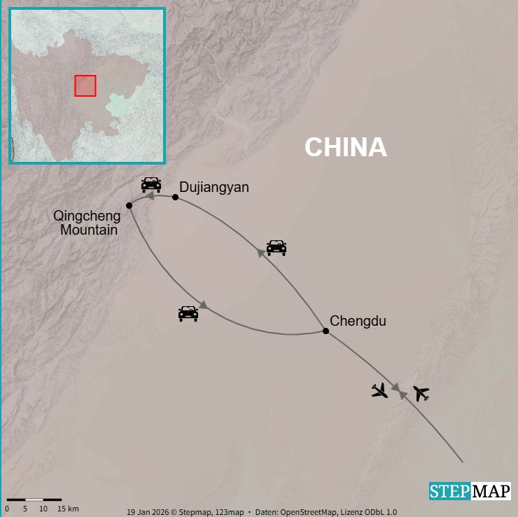 Route map showing Chengdu, Dujiangyan and Qingcheng Mountain