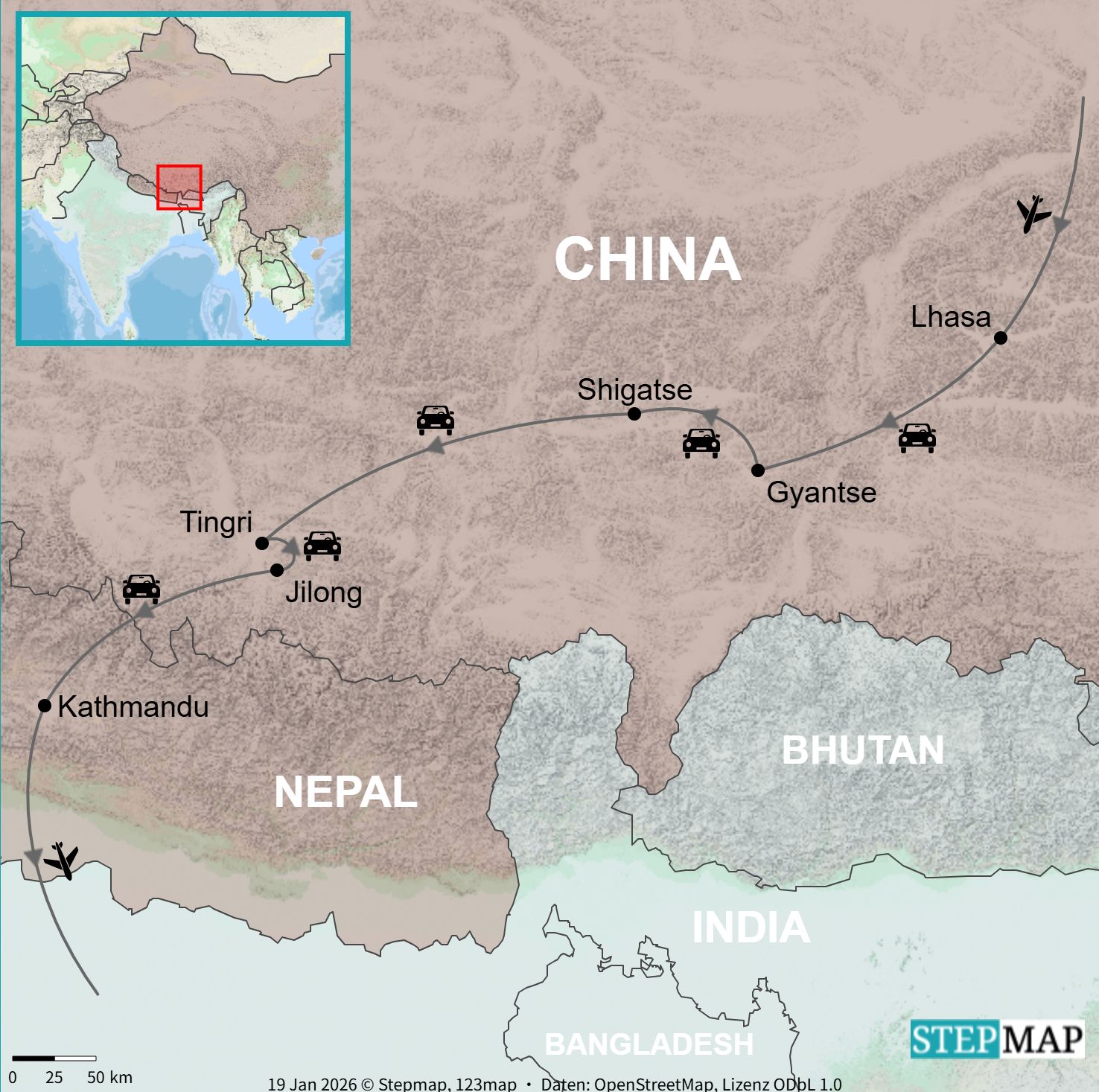 Route map showing Lhasa, Gyantse, Shigatse, Tingri and Jilong through to Kathmandu
