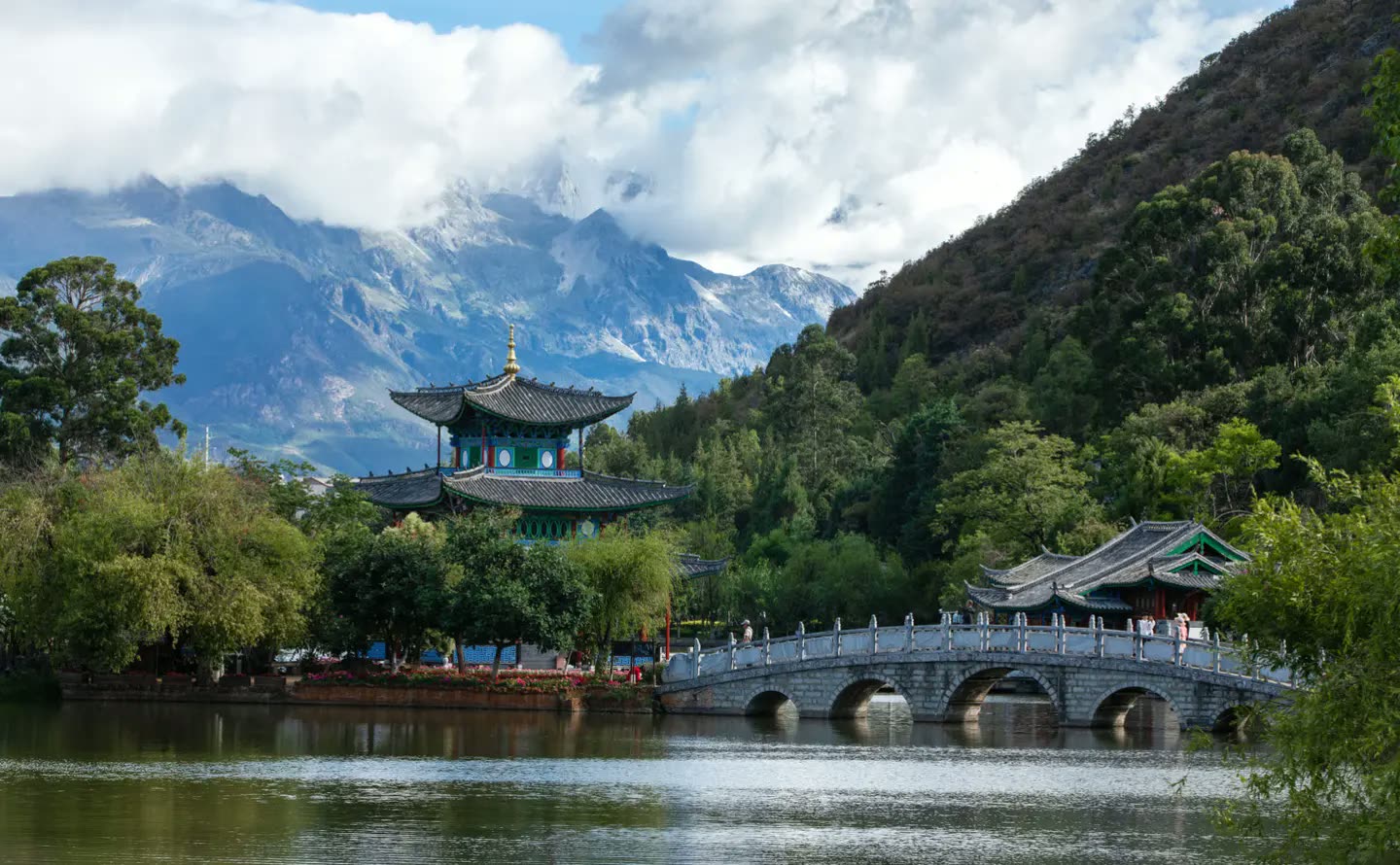 Black Dragon Pool and pavilion below Jade Dragon Snow Mountain near Amandayan