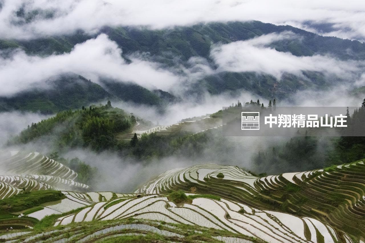 Mist drifting over the flooded Longsheng rice terraces seen from Li An Lodge