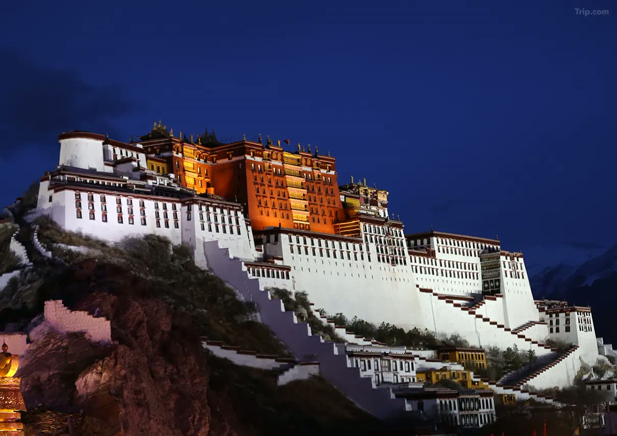 The Potala Palace floodlit against a deep blue evening sky