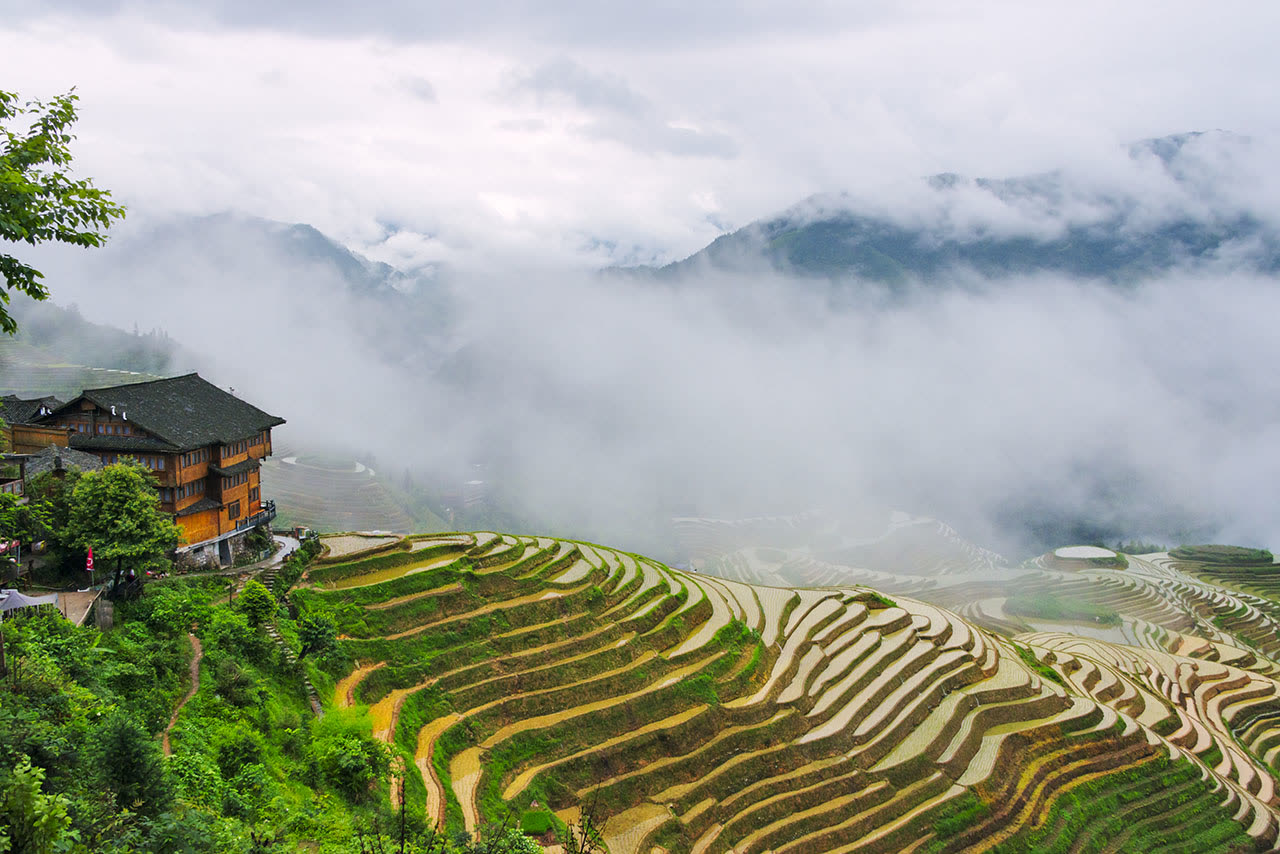 Li An Lodge in timber, perched above the Longsheng rice terraces in cloud
