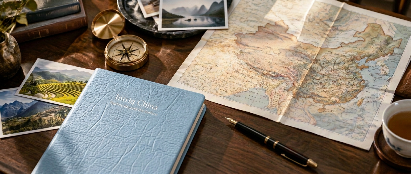 A blue leather Intriq China journal beside a map of China, a brass compass and printed travel photographs on a warm wooden desk