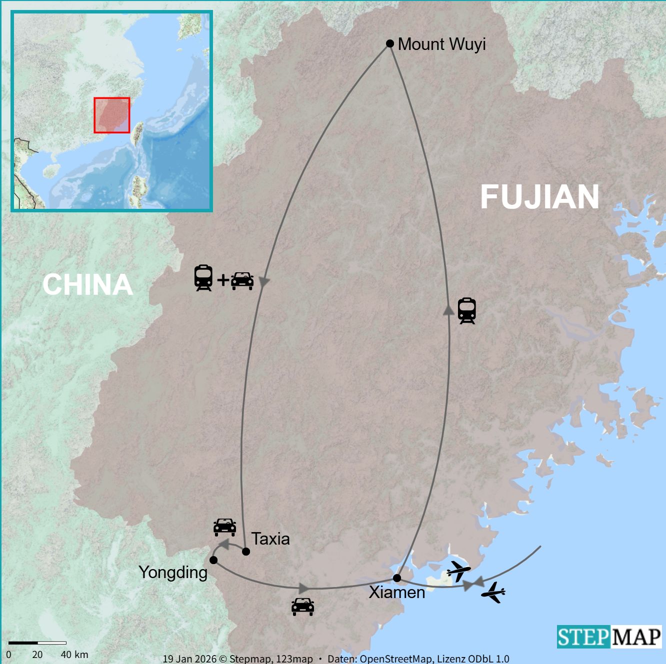 Route map showing Xiamen, Mount Wuyi, Taxia and Yongding in Fujian