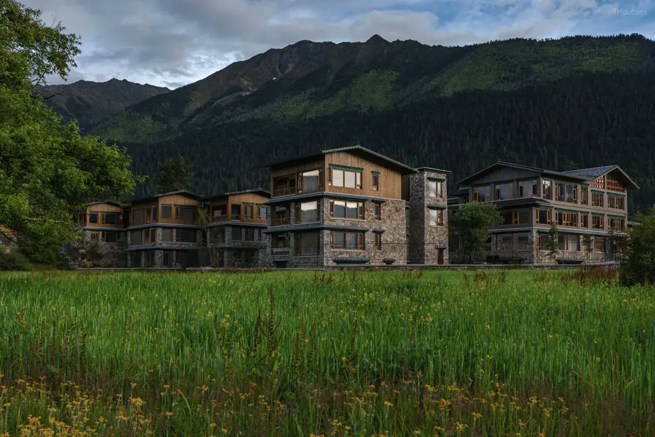 Timber and stone lodge buildings of Songtsam Basong Tso set in a meadow below forested peaks