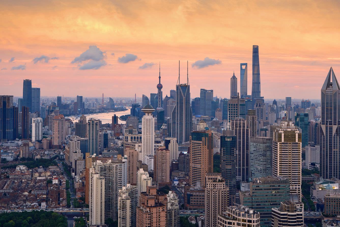 Shanghai skyline at sunset seen from The St. Regis Shanghai Jingan