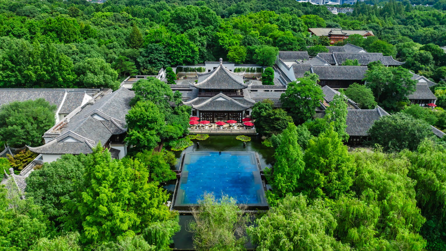 Aerial view of the courtyard pavilions and pool at Four Seasons Hotel Hangzhou at West Lake