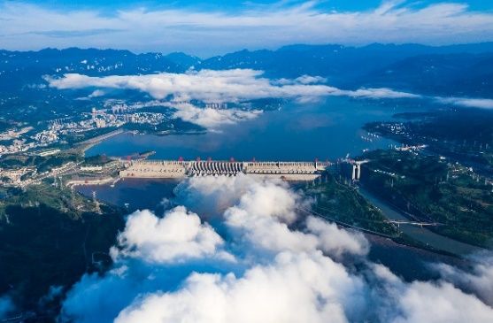 Aerial view of the Three Gorges Dam above the Yangtze River