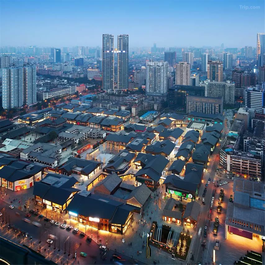 Aerial view of the Daci Temple quarter around The Upper House at dusk