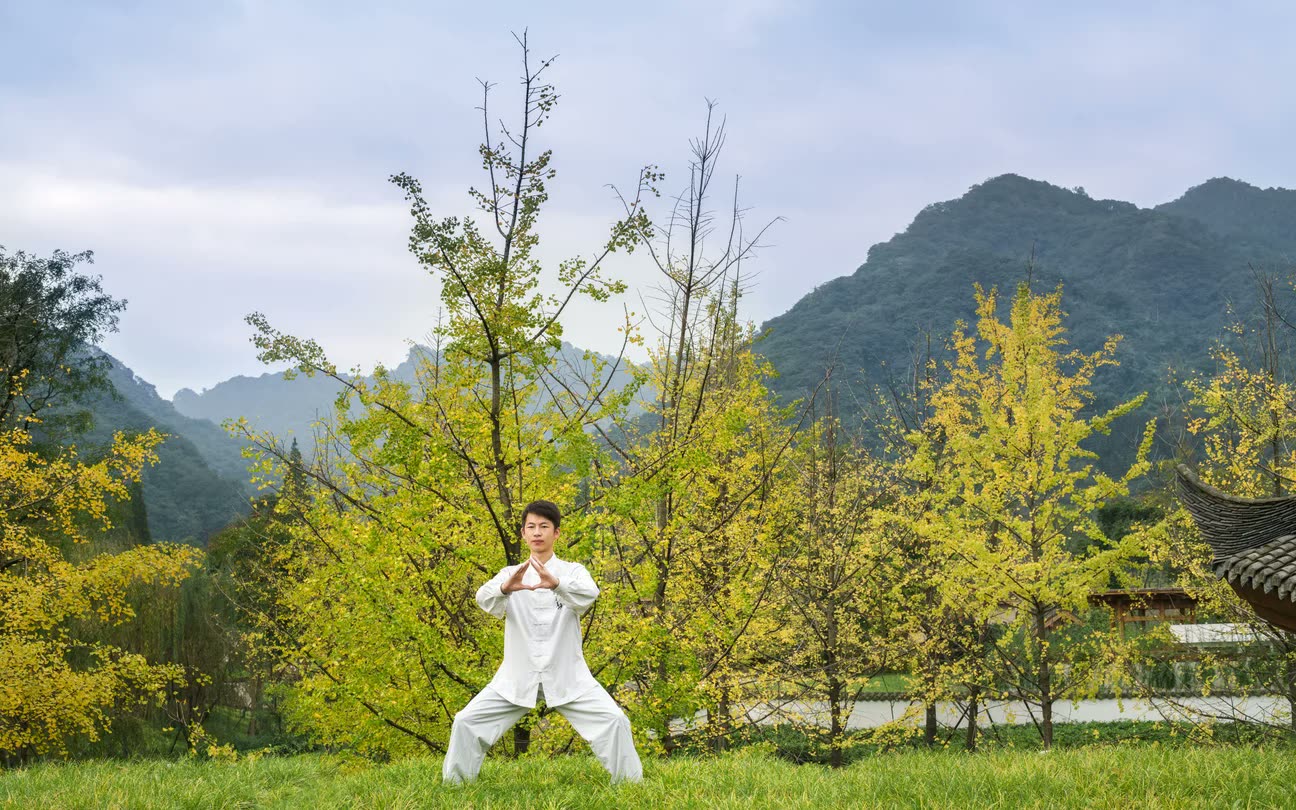 Tai chi practice in the ginkgo gardens at Six Senses Qingcheng Mountain