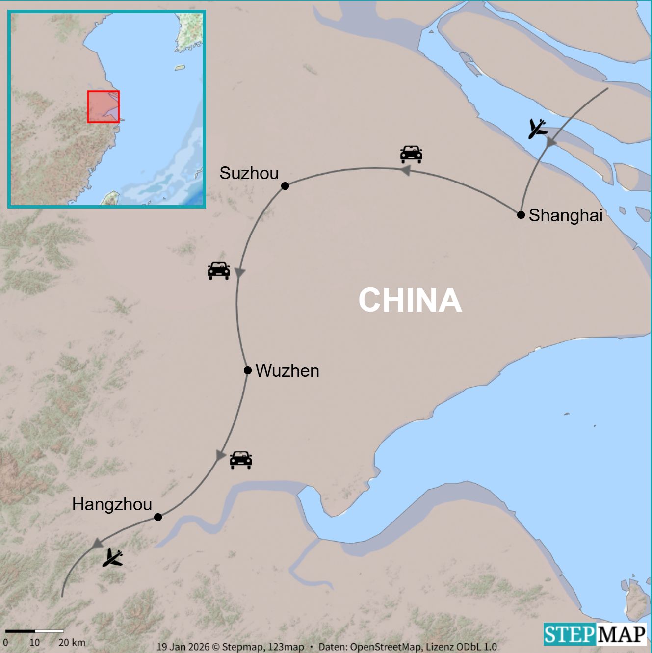 Route map showing Shanghai, Suzhou, Wuzhen and Hangzhou