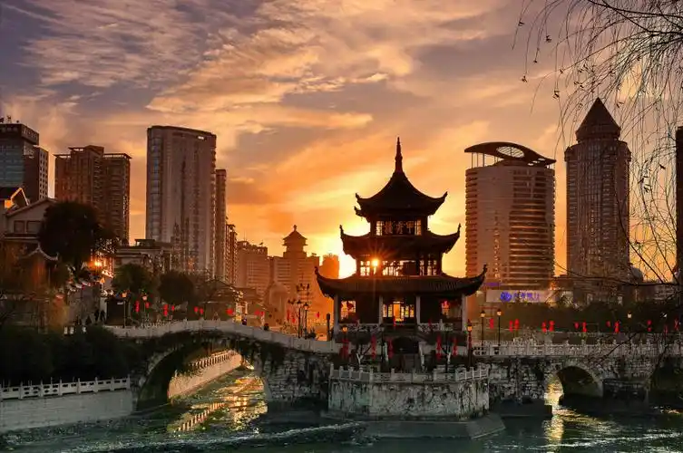 Jiaxiu Pavilion on the Nanming River at sunset, Guiyang