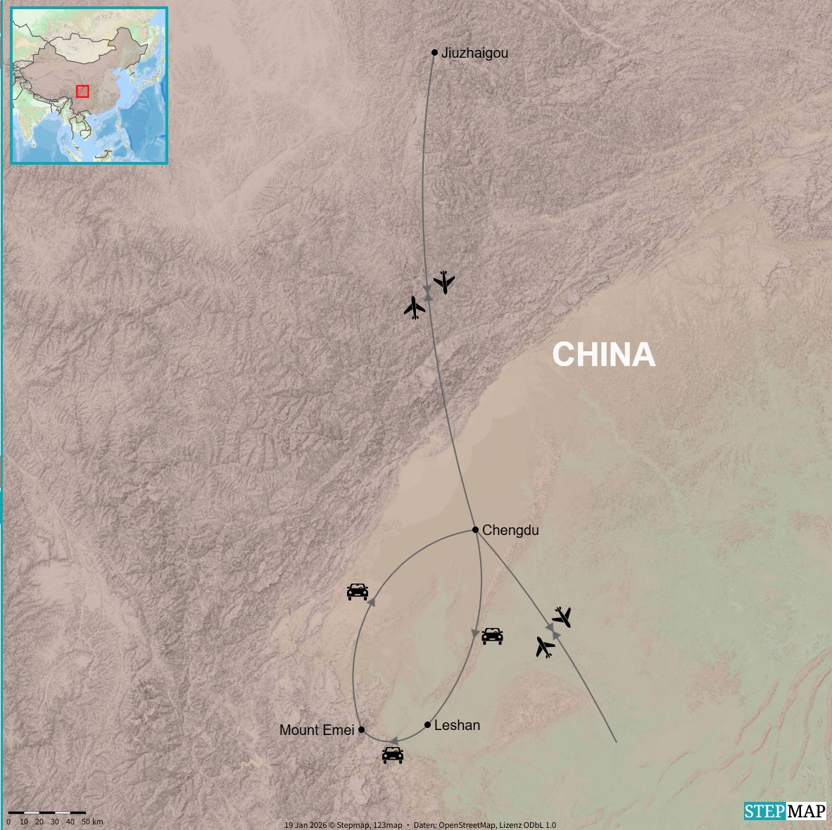 Route map from Chengdu to Leshan, Mount Emei and Jiuzhaigou