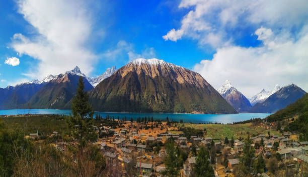 Village and lake seen from the trail near Xin Tso