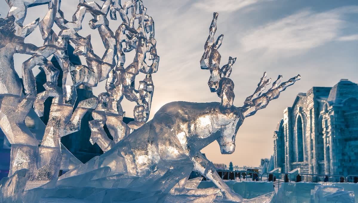 Ice sculpture of a deer at Harbin Ice-Snow World