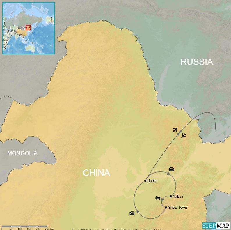 Route map showing Harbin, Yabuli and Snow Town in Heilongjiang