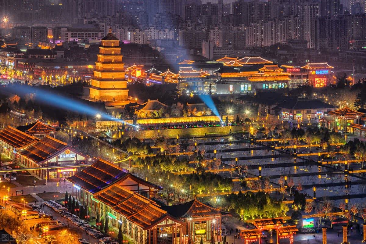 The Giant Wild Goose Pagoda lit at night in Xi'an